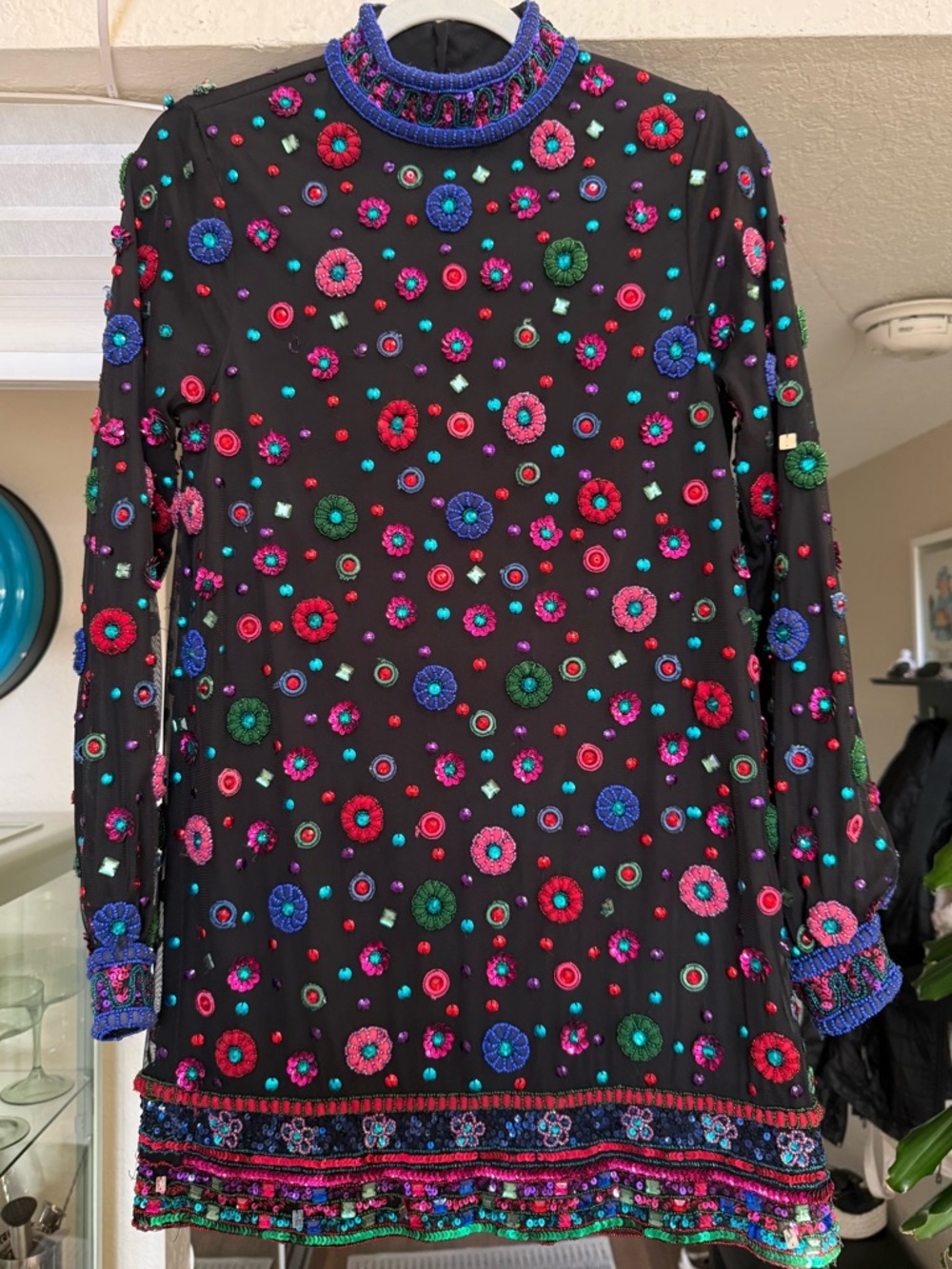 Tularosa Beaded Floral Embellished Black Tunic Dress